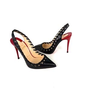 Christian Louboutin Ostri Sling 100  Leather Black Red Pointed Toe Slingbacks